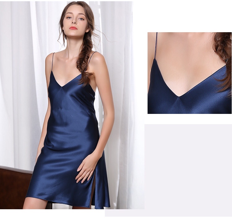 OEM Custom Made Backless Silk Slip Dress in Marineblau für Damen mit Schlitz-Design