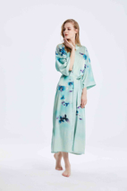Beste Damen Real Silk Green Kimono Robe Nachthemd Loungewear mit Print Factory Großhandel